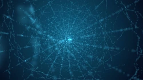 Computergenerierter sich drehender blauer Netzwirbel.
