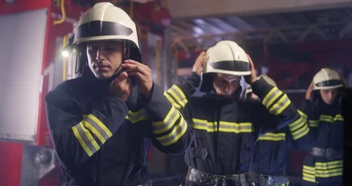 Team of Firefighters Putting on Helmets