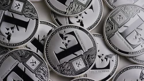 Rotierende Aufnahme von Litecoin Bitcoins (digitale Kryptowährung) - BITCOIN LITECOIN 0169
