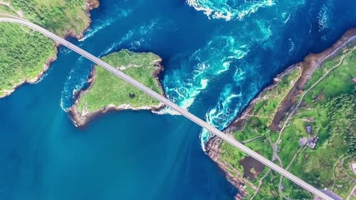 Scenic Bridge Over Turquoise Swirling Water, Aerial View