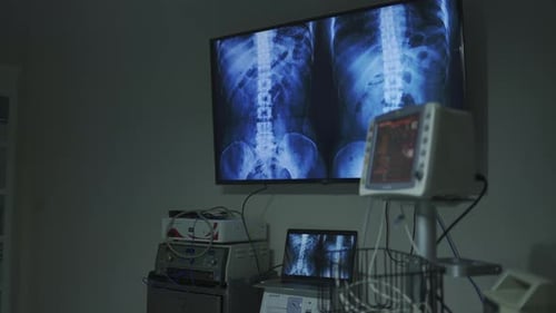 Hospital Room Displaying Spinal X-Ray Images