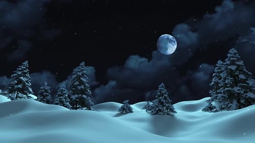 The moon is shining, it is snowing in the forest for Christmas or New Year.