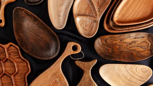 Assortment of Handcrafted Wooden Kitchenware on Fabric