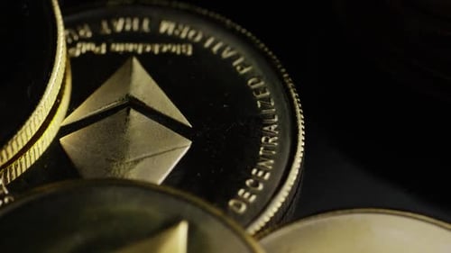 Rotating shot of Bitcoins (digital cryptocurrency) - BITCOIN ETHEREUM 179
