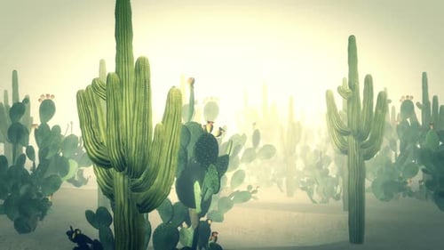 Animated Desert Cactus Landscape with Hazy Light