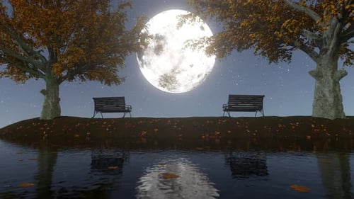 Moonlit Autumn Night Scene with Benches, Trees, and Reflective Lake