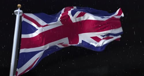 Realistic Union Jack Flag Waving in Rain at Night