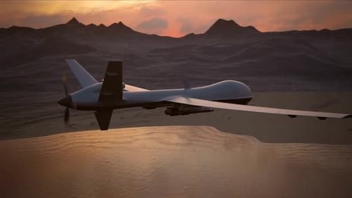 Realistic Military Drone Patrol Over Desert During Sunset