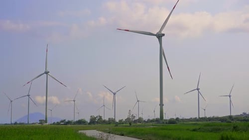 Wind Farm Turbines Turning in Green Field