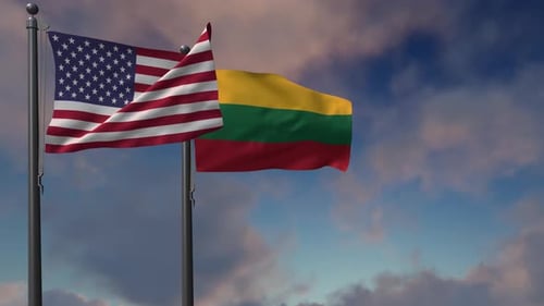 United States and Lithuania Flags Waving Against Cloudy Sky