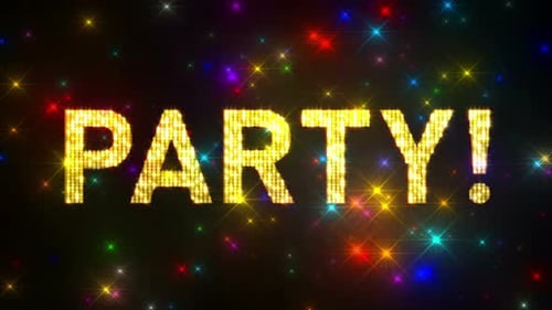 Sparkling Party Text with Colorful Star Background
