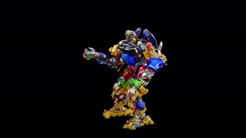 Colorful Animated Robot Transformer Toy on Black Background