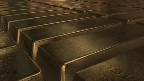 Slow flight over gold bars, seamless looping beautiful 3d animation with depth of field