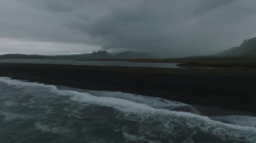Iceland Black Sand Beach with Huge Waves at Reynisfjara Vik