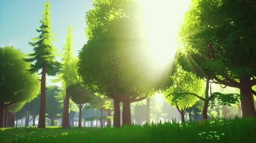 Cartoon Green Forest Landscape with Trees and Flowers