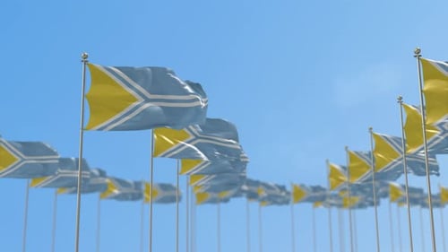 Modern Geometric Flags Waving in Formation under Blue Sky