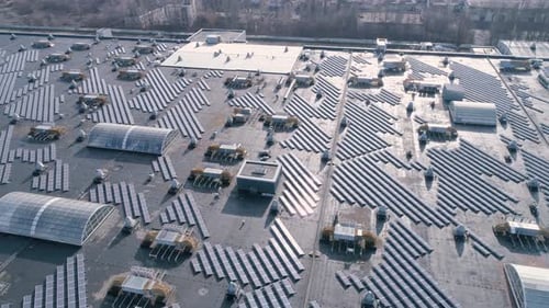 Natural Energy, Solar Panels for Production Green Energy on Roof of House in Open Air, Drone View