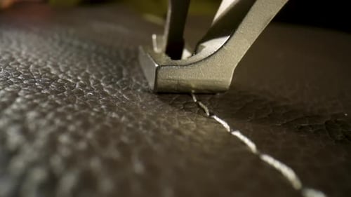Sewing Machine Stitches Leather Seam Close Up