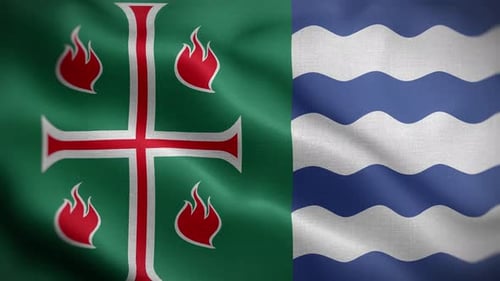 Animated Waving Flag with Green Cross, Flames, and Blue Stripes
