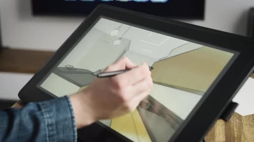 Hand Using Stylus on Tablet to Sketch Kitchen