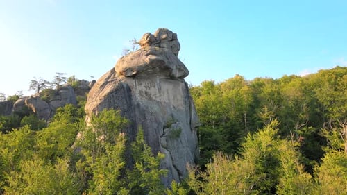 Aerial View of Bright Landscape with Green Forest Trees and Big Rocky Boulders Between Dense Woods