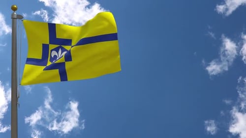 Waving Yellow and Blue Flag with Fleur-de-lis against Blue Sky