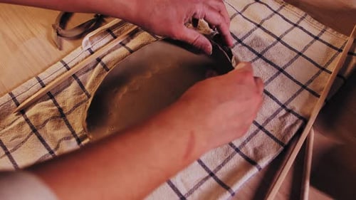 Pottery in the Studio Young Woman Potter Preparing Flat Piece of Clay