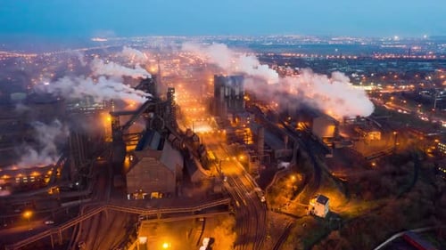 Aerial Hyperlapse Time Lapse, Night Scene of Industrial Power Plant