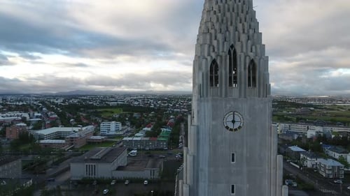 Aerial footage of Hallgrimskirkja church in Reykjavik, Iceland