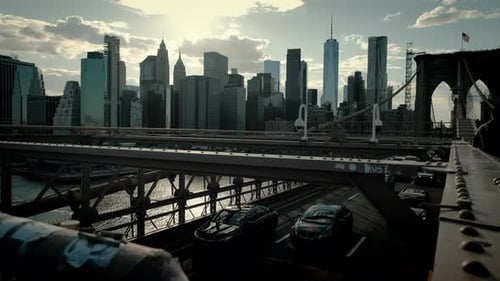 Establishing Shot of a Brooklyn Bridge View of Manhattan in New York USA
