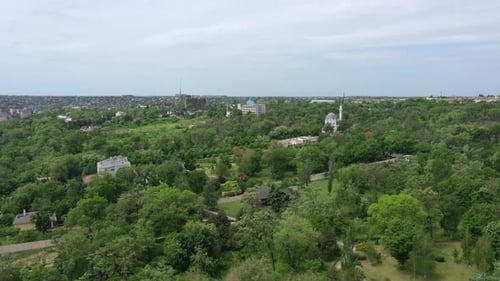 A bird's eye view of the city garden. Among the trees you can see a mosque