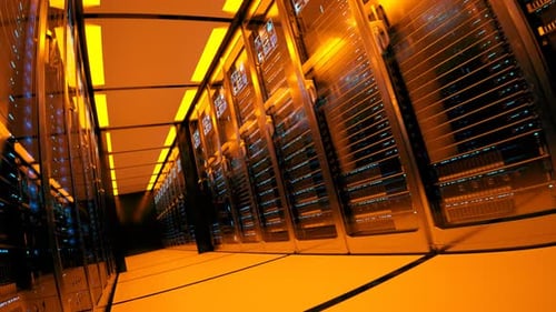 Server room corridor illuminated by orange light. Endless looping animation. 4K