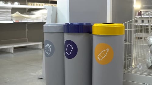 Woman Recycles Plastic Bottle in Office Recycling Bins