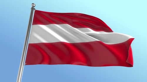 Realistic Austrian Flag Waving On Flagpole Against Blue Sky
