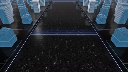 Flying over 3D virtual geometric city office buildings