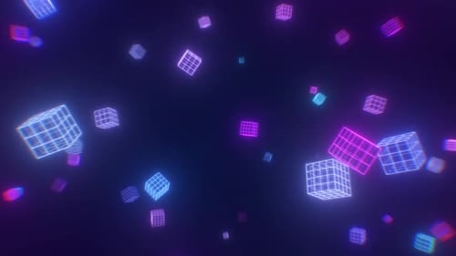 Volando a través de cubos de alambre Synthwave Retro Neon Ultravioleta