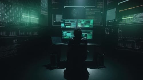 Hacker Coding on Multiple Computer Screens at Night