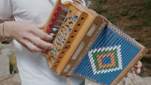 Person Plays Diatonic Button Accordion Close Up
