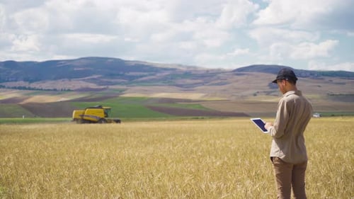 Un granjero trabaja con su tablilla en un campo de cereales.