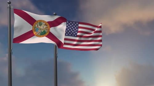 Realistic Florida and USA Flags Waving Against Cloudy Sky