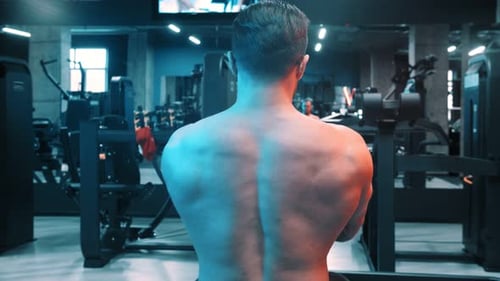 A Man Bodybuilder Doing Exercises for His Back in the Sports Gym