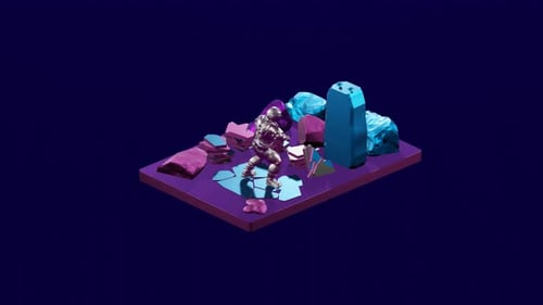 Futuristic Isometric Astronaut Explores Glowing Alien Landscape