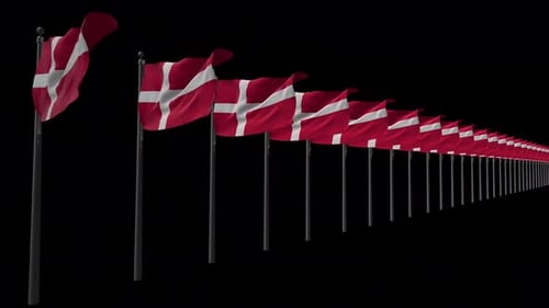 Row of Realistic Waving Danish Flags on Black