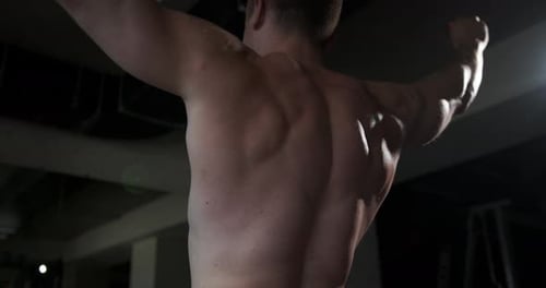 Young man in the gym straining his back muscles demonstrating the beauty of the male body