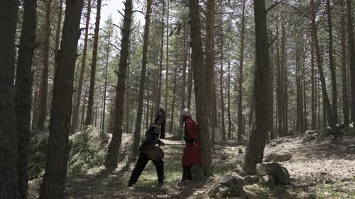 Medieval Fight with Swords in the Woods