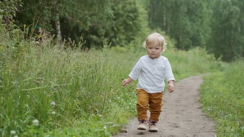 portrait of a child in the park. a child walking alone in the park.
