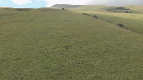 Aerial Shot of a Group of Tourists with Backpacks Climb the Mountain