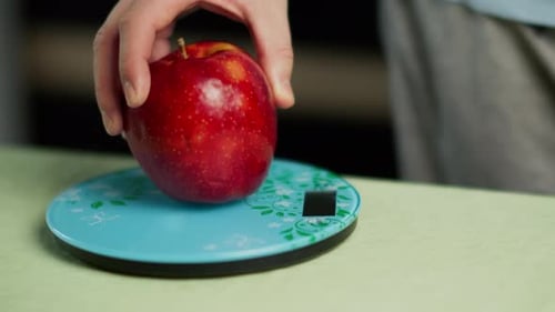 A man weighs a fresh red apple on a kitchen scale, close-up