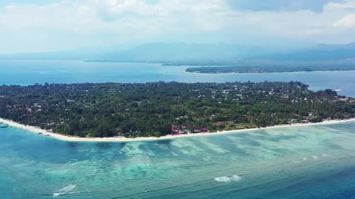Aerial top down tourism of paradise shore beach holiday by blue green lagoon and white sandy backgro