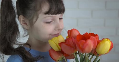 Girl Smelling Colorful Tulips in Front of Brick Wall
